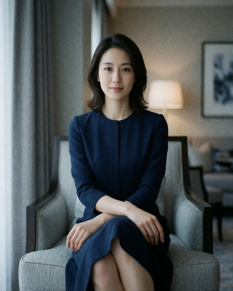 Japanese woman in a tailored navy dress seated in a low armchair in an upscale hotel lounge, evening portrait illustrating a verified Japanese dating profile