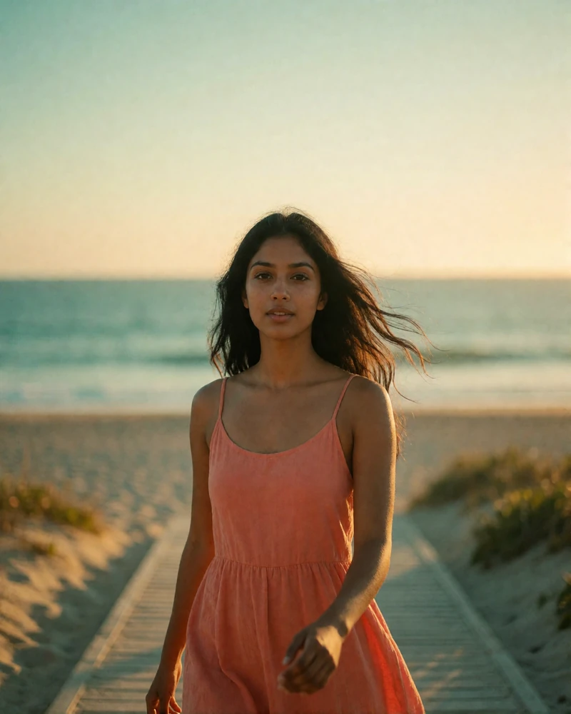 Sri Lankan woman in a coral sundress on a coastal boardwalk at golden hour, lifestyle dating profile photography