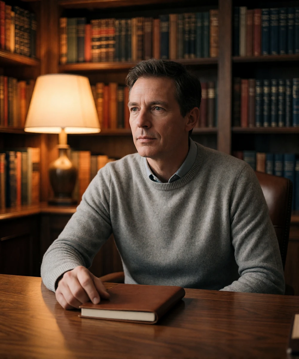 Man in his fifties seated at a walnut desk in a book-lined home study, reflecting near a closed leather notebook