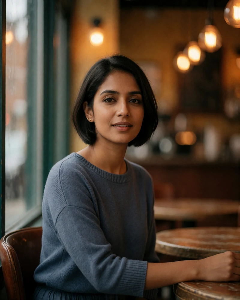Sri Lankan woman in a slate blue knit top seated at a café window, everyday dating profile photography