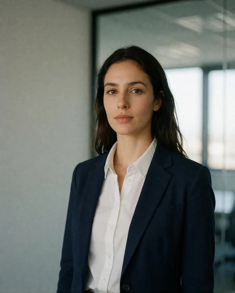 Jordanian woman in a crisp white shirt and navy blazer standing in a bright modern office, an example of a verified Jordanian dating profile