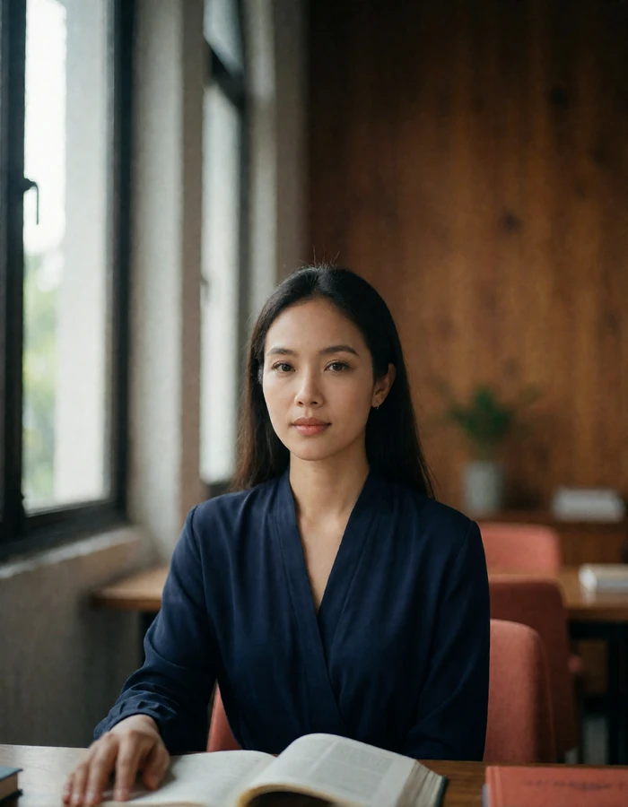 Bruneian woman in a modest navy blouse seated near a window in a quiet reading room, an example of a verified dating profile