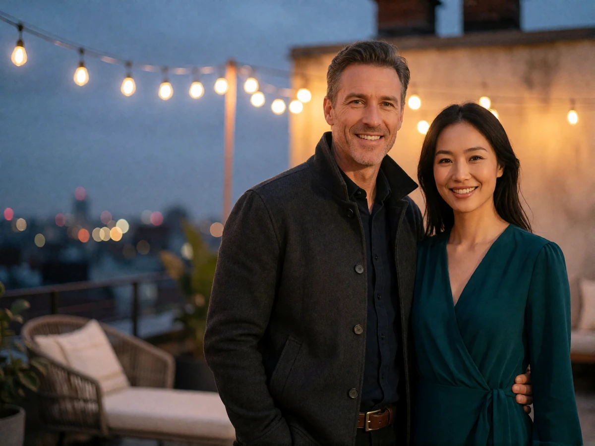 Couple standing arm in arm on an open rooftop lounge at dusk with warm string lights behind them