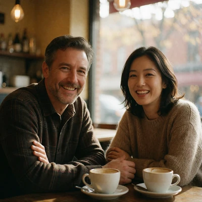 Western man and Korean woman sharing a quiet laugh at a café table, illustrating a genuine conversation on a verified dating platform