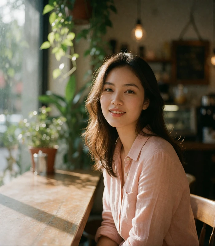 Vietnamese woman smiling at a warmly lit café table, illustrating everyday Vietnamese dating profile photography on SakuraDate
