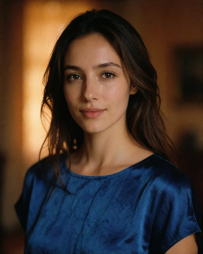 Uzbek woman in a sapphire silk top smiling gently for a verified dating profile