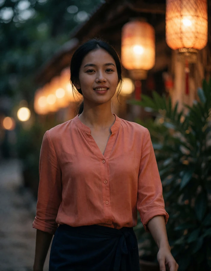 Laotian woman in a coral blouse walking through a shaded evening street lined with warm lantern light