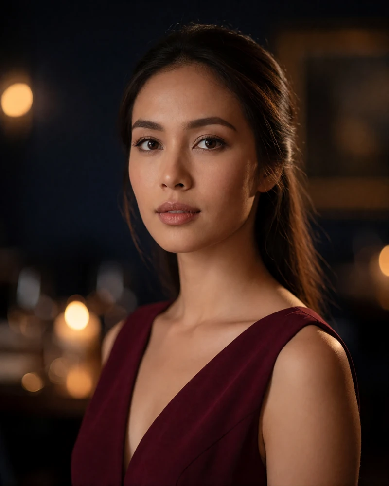 Cambodian woman in a burgundy evening dress at a candlelit restaurant table, evening portrait illustrating a verified Khmer dating profile
