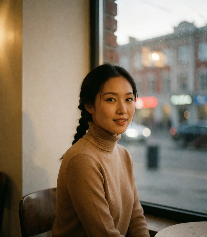 Mongolian woman in a camel turtleneck at a café window seat in Ulaanbaatar at dusk, a candid Mongolian dating profile photo