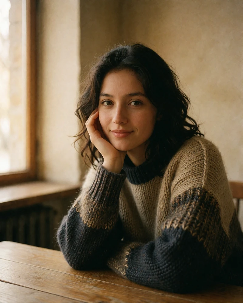 Kyrgyz woman with dark wavy hair seated at a wooden table in a quiet tea house, an example of a verified Kyrgyz dating profile photo