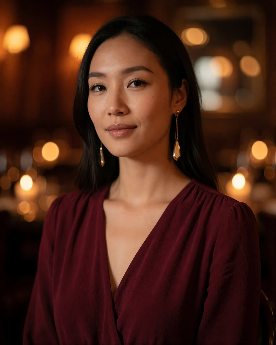Asian woman in a burgundy wrap dress and drop earrings in a softly lit upscale restaurant, illustrating an evening dating profile portrait