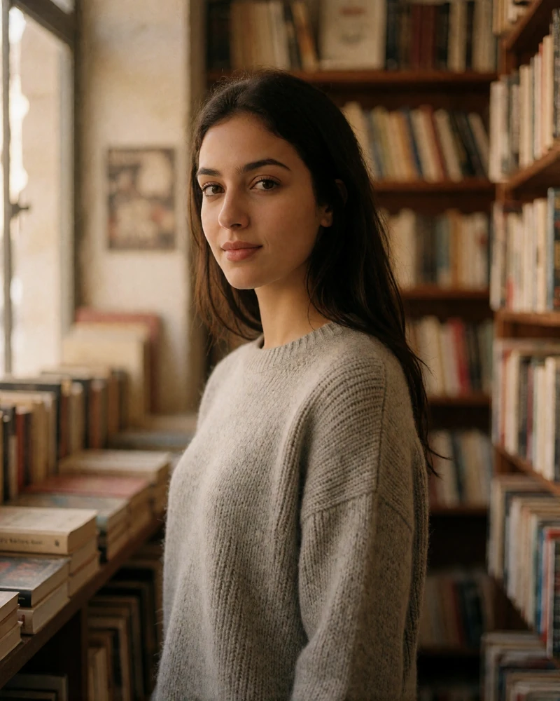 Jordanian woman in a soft grey knit sweater standing in a warmly lit bookshop aisle, an example of a verified Jordanian dating profile