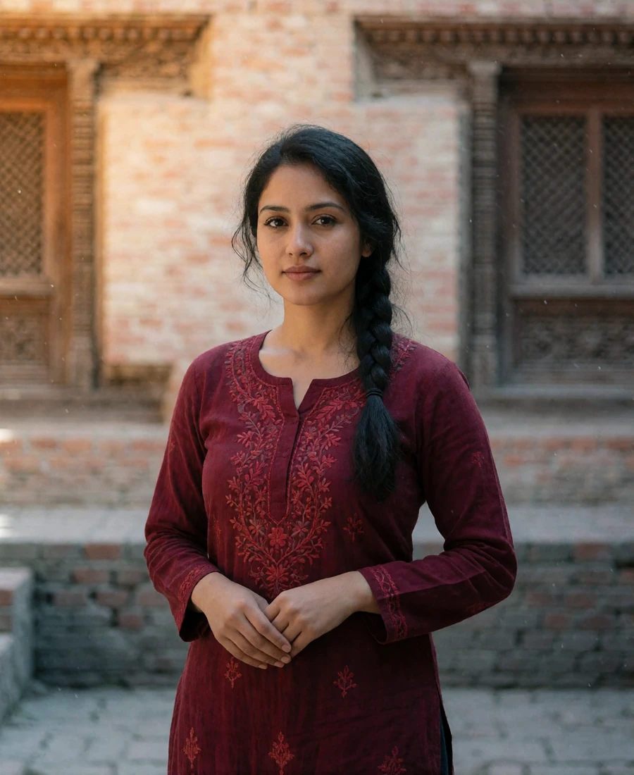 Nepali woman in a burgundy kurta standing in a sunlit courtyard, representing a verified Nepali dating profile