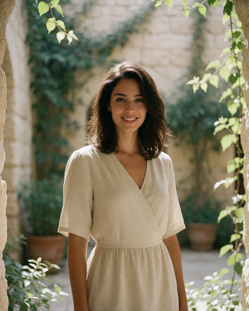 Jordanian woman in a soft cream linen dress standing in a sunlit stone courtyard, an example of a verified Jordanian dating profile