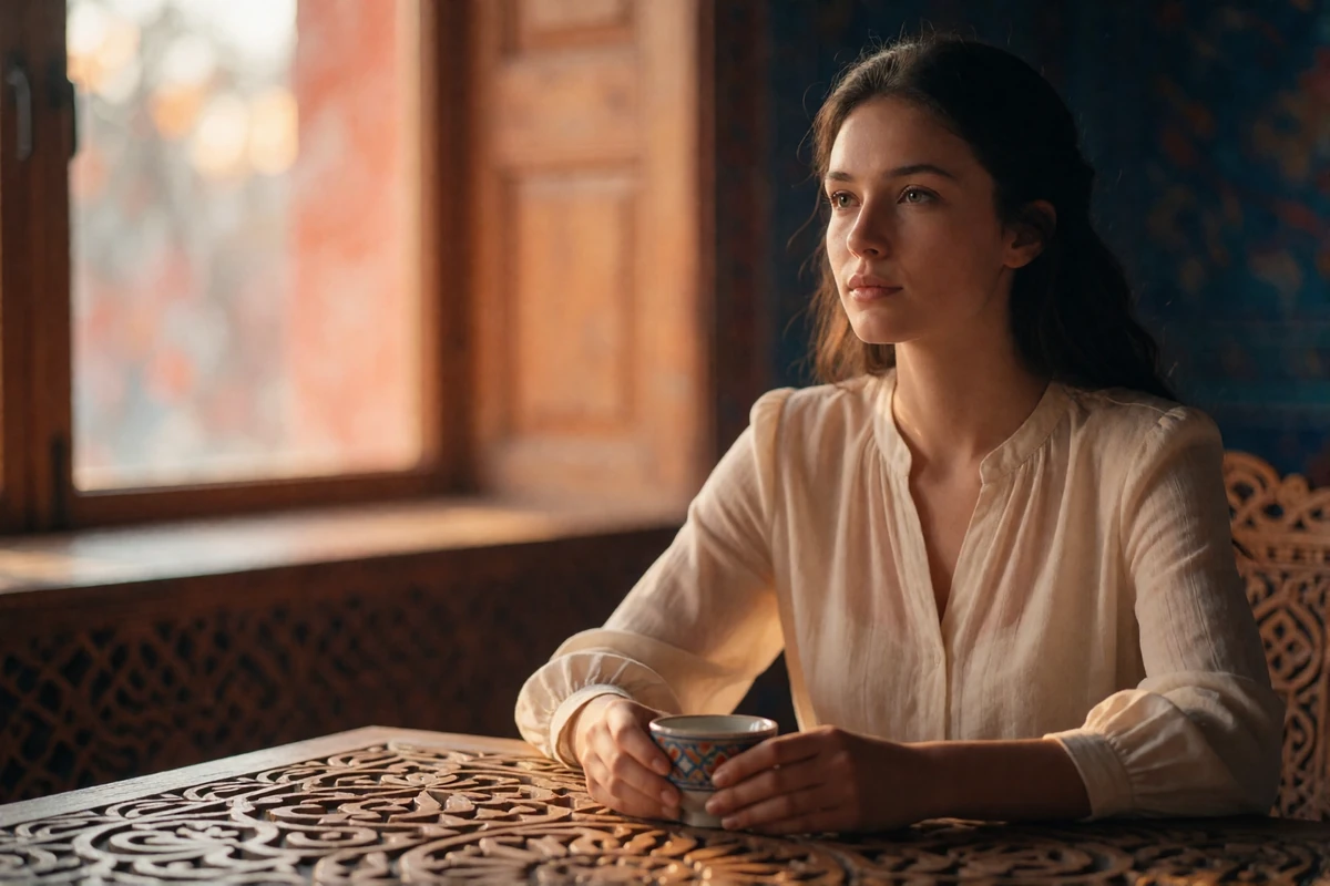Tajik woman in a cream blouse holding a ceramic cup at a carved wooden teahouse table, illustrating Tajik dating profile photography