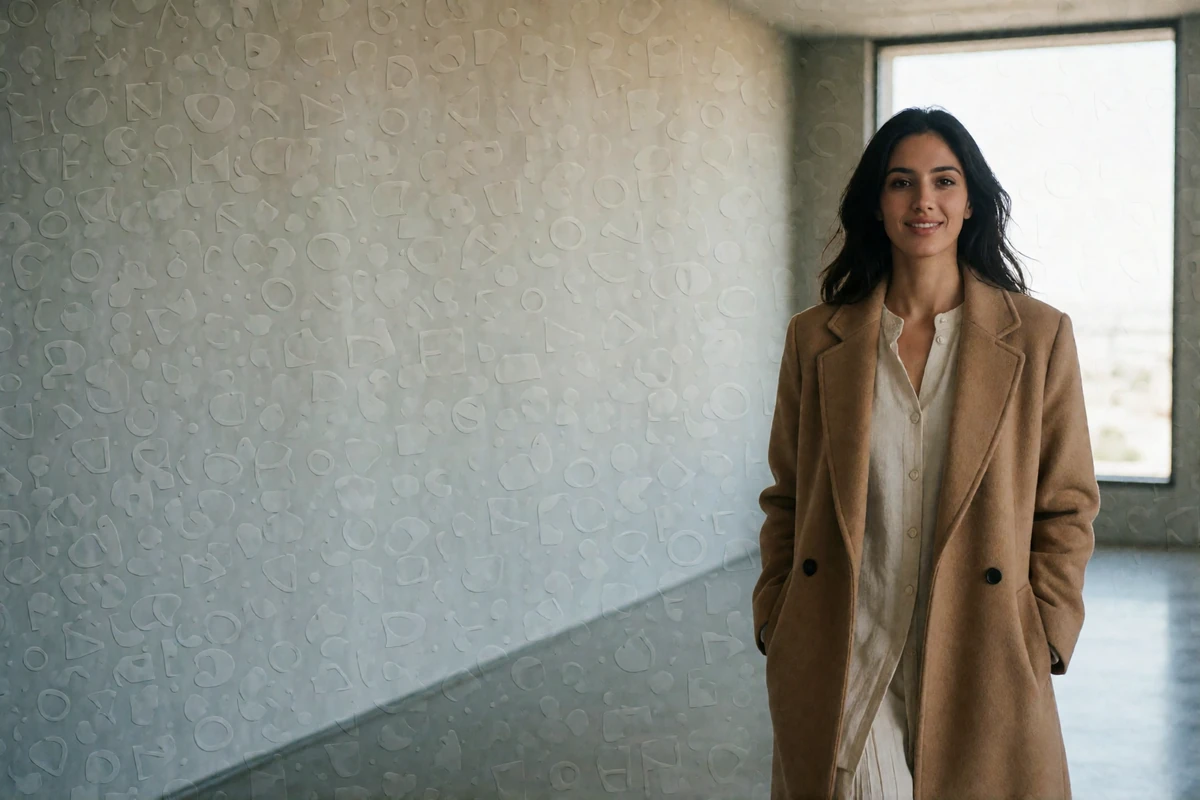 Jordanian woman in an elegant camel coat walking through a bright contemporary gallery corridor, illustrating a Jordanian dating platform review