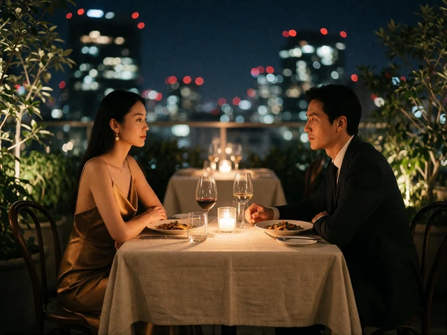 Elegant Asian woman and a well-dressed man in conversation over dinner at a rooftop restaurant during an international date