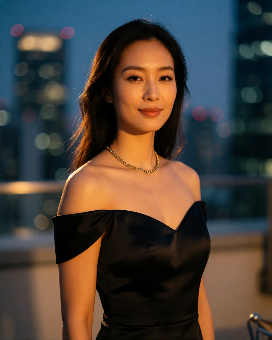 Confident Asian woman in a black evening dress on a city rooftop terrace at dusk, an example of a photo-verified dating profile portrait