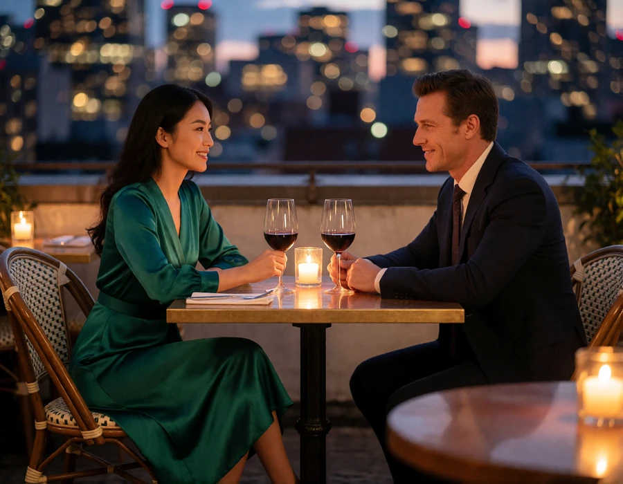 Asian woman in an emerald dress and a man in a dark suit at a candlelit rooftop dinner during a long-distance relationship reunion