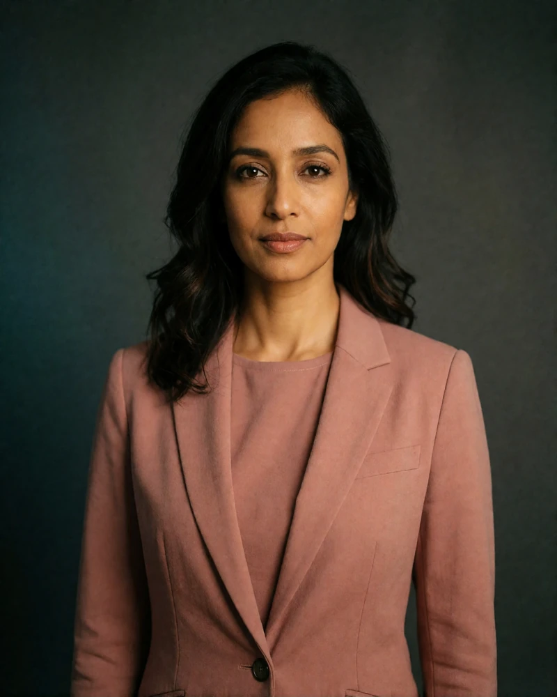 Sri Lankan woman in a dusty-rose blazer against a dark studio backdrop, professional dating profile portrait