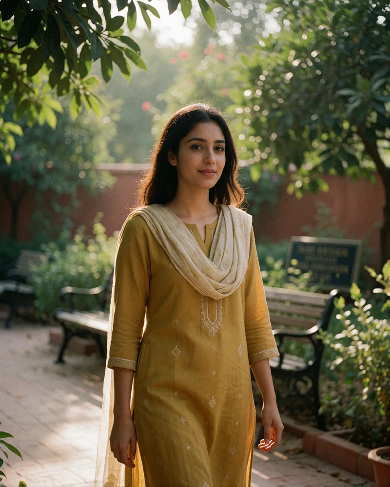 Pakistani woman in a mustard kurta walking along a shaded garden path, candid Pakistani dating profile photography