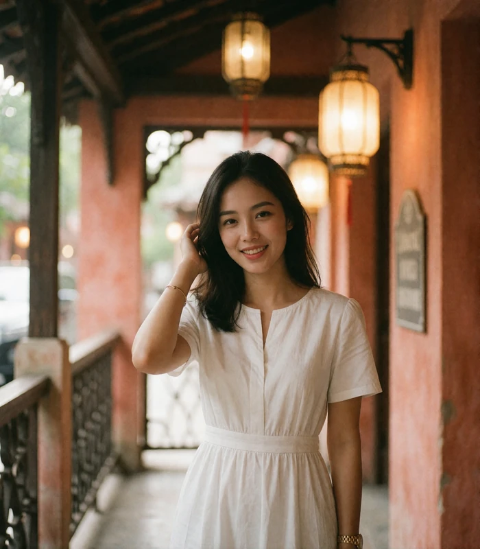 Vietnamese woman in a white cotton dress smiling in a lantern-lit covered walkway, candid lifestyle profile photography