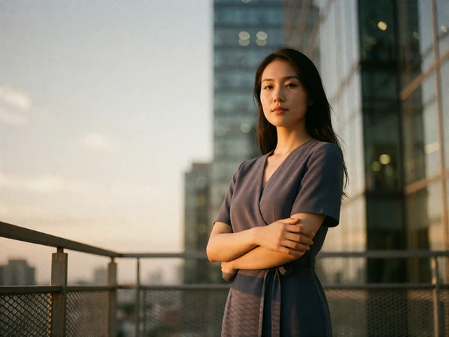 Asian woman in a slate business dress standing on an office terrace at golden hour