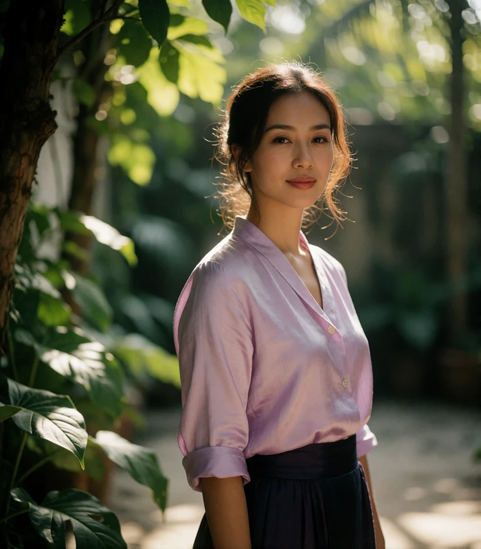 Thai woman in a lilac silk blouse standing in a shaded tropical courtyard, natural light Thai dating profile photography