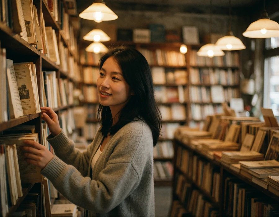 Asian woman in a grey cardigan browsing shelves in a warmly lit independent bookshop