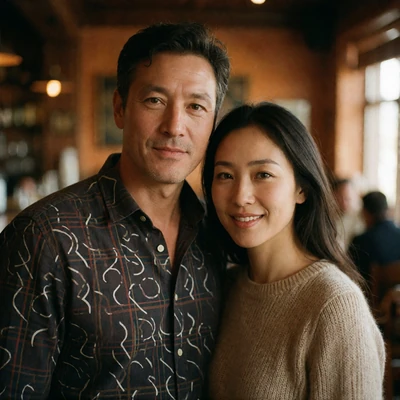 Western man and Mongolian woman smiling together at a warmly lit restaurant table, an anonymous member testimonial photo