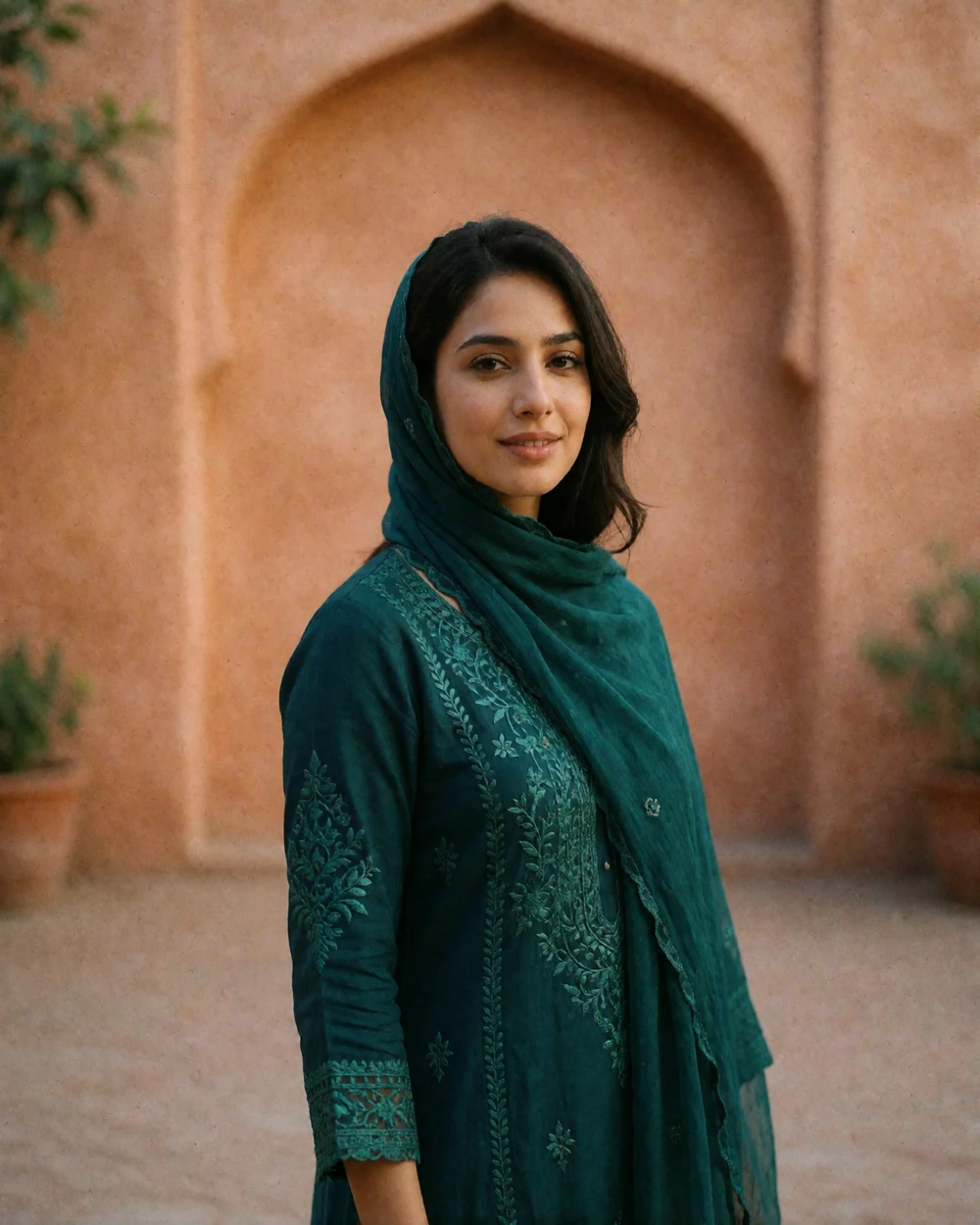 Pakistani woman in a teal embroidered kameez standing in a warm courtyard, an example of a verified Pakistani dating profile portrait