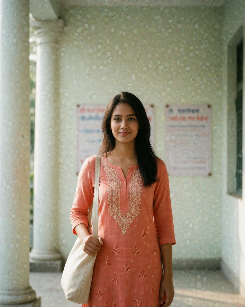 Bangladeshi woman in a coral kurta standing in a bright open corridor, an example of a photo-verified Bangladeshi dating profile