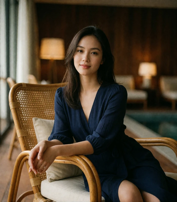 Vietnamese woman in a navy wrap dress seated in a rattan lounge chair at an upscale hotel, evening portrait