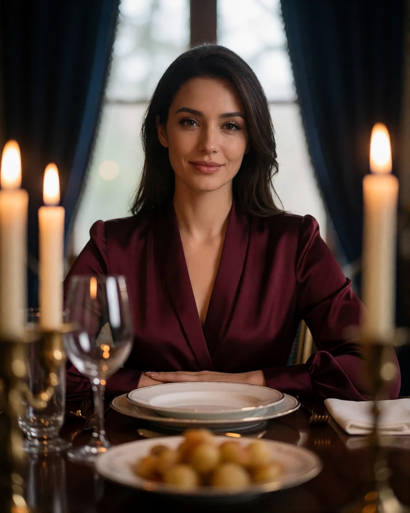Turkmen woman in a burgundy blouse seated at a fine dining table with candle bokeh, evening Turkmen dating profile photography