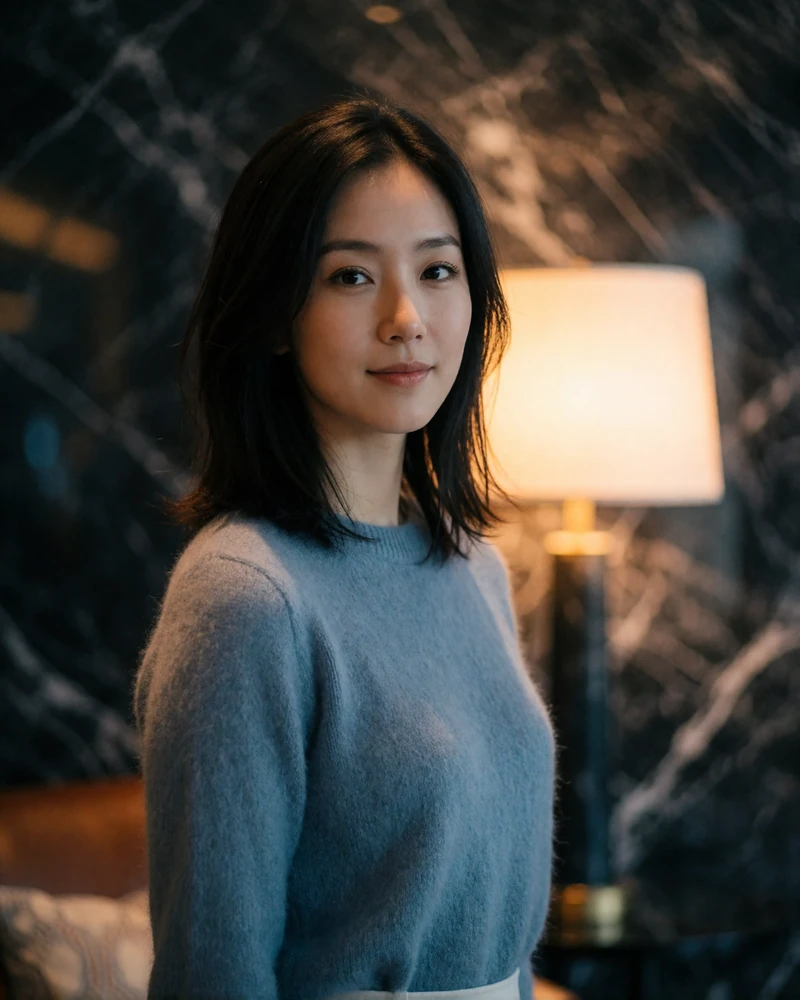 Chinese woman in a dusty-blue knit top standing in a hotel lounge with warm lamp lighting