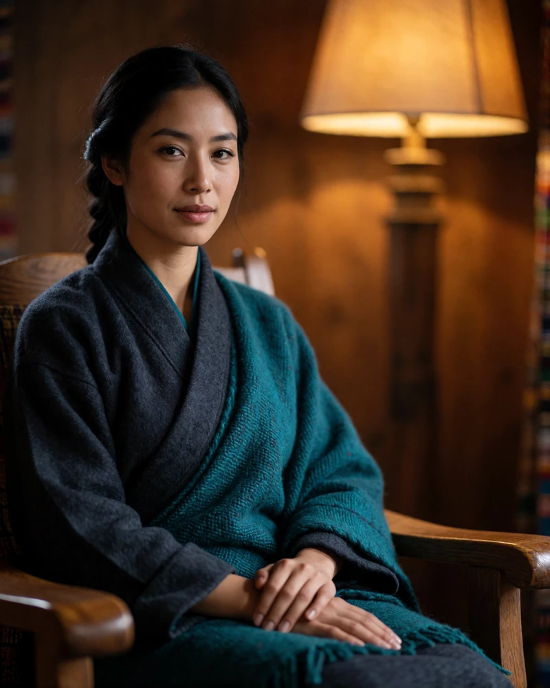 Bhutanese woman in a teal woven wrap seated in a wooden lodge armchair, illustrating a verified Asian dating profile