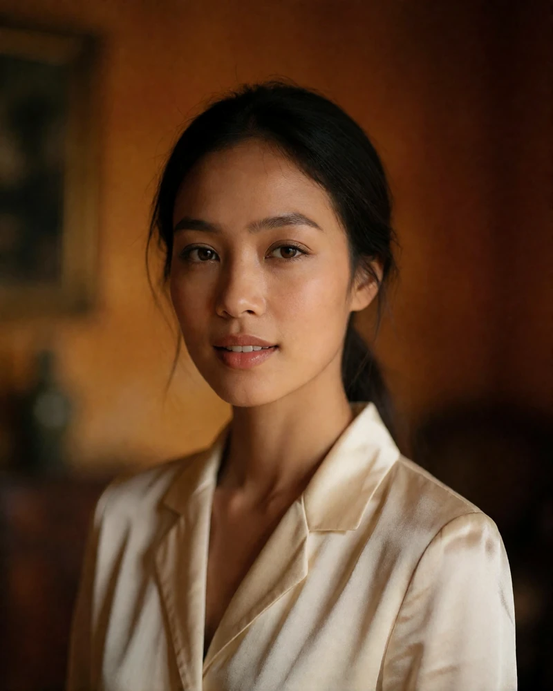Cambodian woman in a cream silk blouse with a warm direct smile, an example of a photo-verified Khmer dating profile