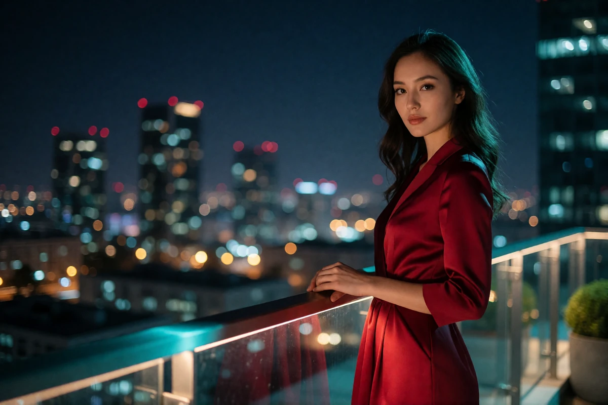 Kazakh woman in a crimson dress standing on a rooftop lounge at night