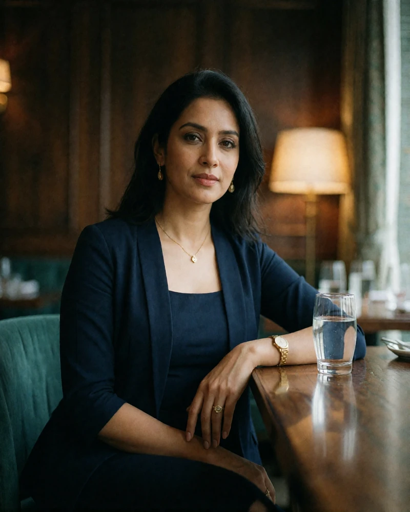 Bangladeshi woman in an elegant navy outfit seated at a polished restaurant table, evening portrait illustrating a verified Bangladeshi dating profile
