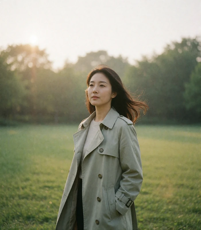 Korean woman in a light trench coat standing in a green park at late afternoon, hair moving in the breeze
