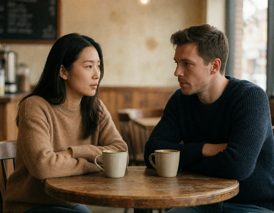 Asian woman and Western man leaning in over coffee at a small cafe table