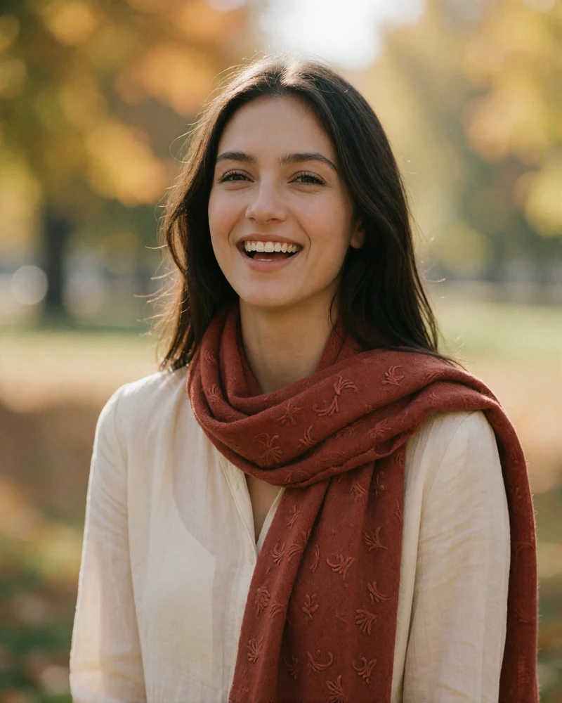 Uzbek woman in a rust scarf outdoors in autumn for a verified Uzbek dating profile