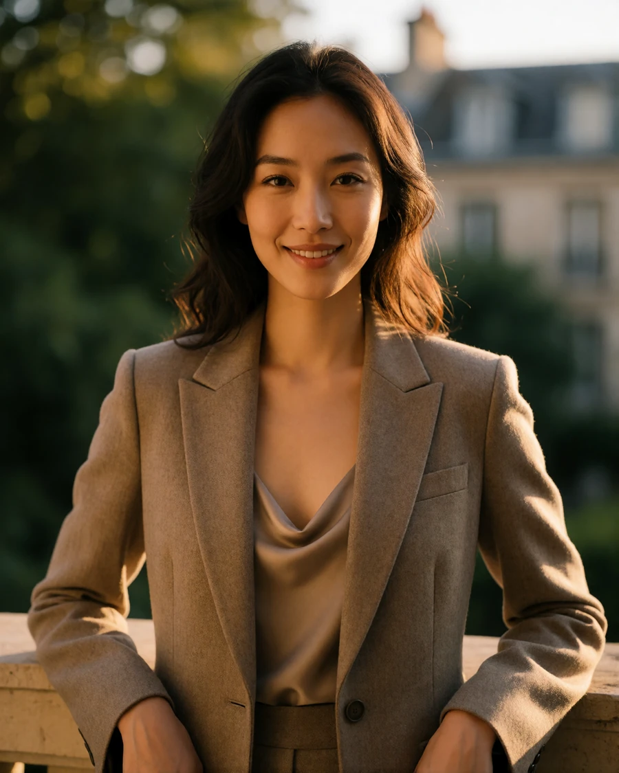 Asian woman in a tailored taupe blazer smiling on a hotel terrace in golden afternoon light, an example of a professional dating profile