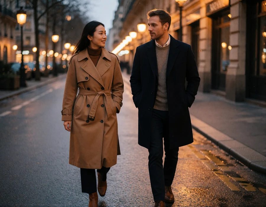 Asian woman in a tailored trench coat walking beside a man in a dark overcoat along a city pavement in the early evening