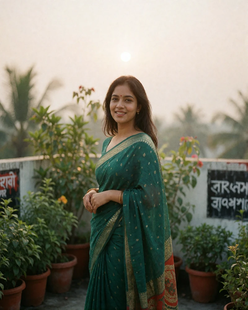 Bangladeshi woman in a deep green sari standing in a small rooftop garden at late afternoon, candid Bangladeshi dating profile photography