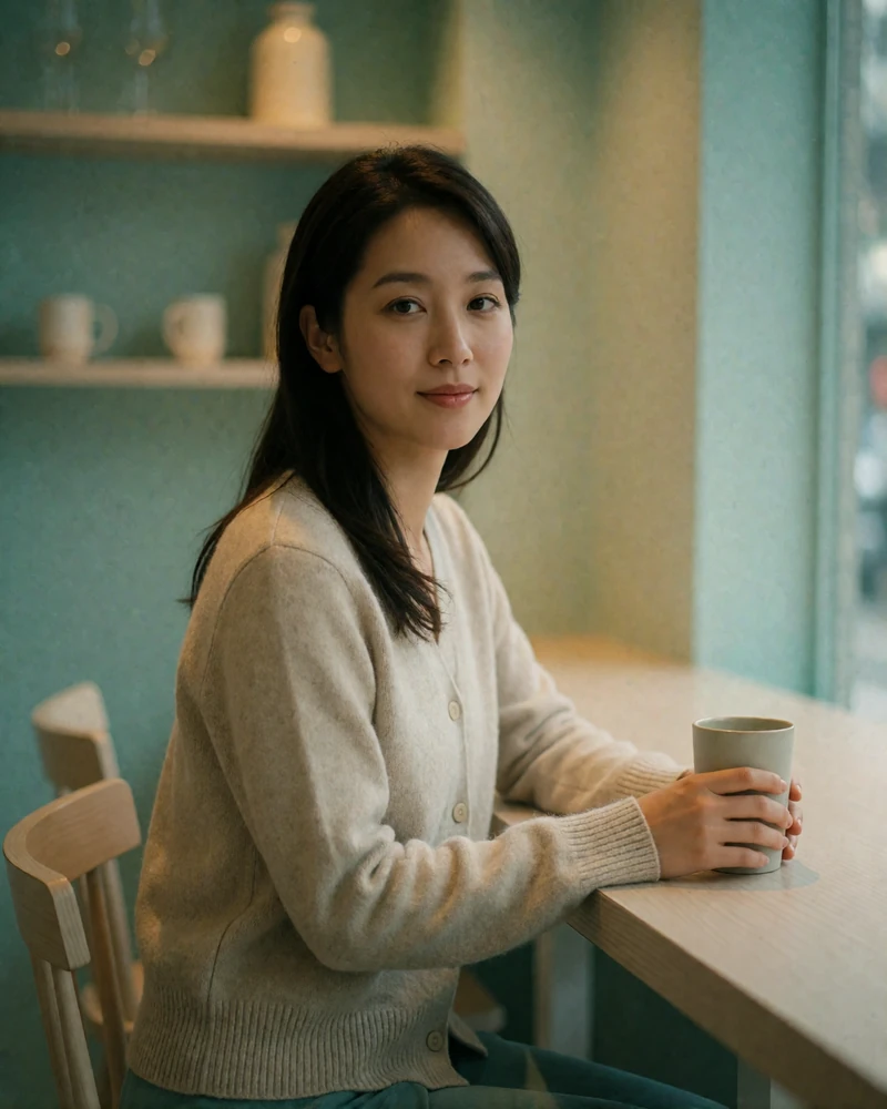 Taiwanese woman in an oatmeal cardigan seated at a pale wood café table, candid dating profile photography