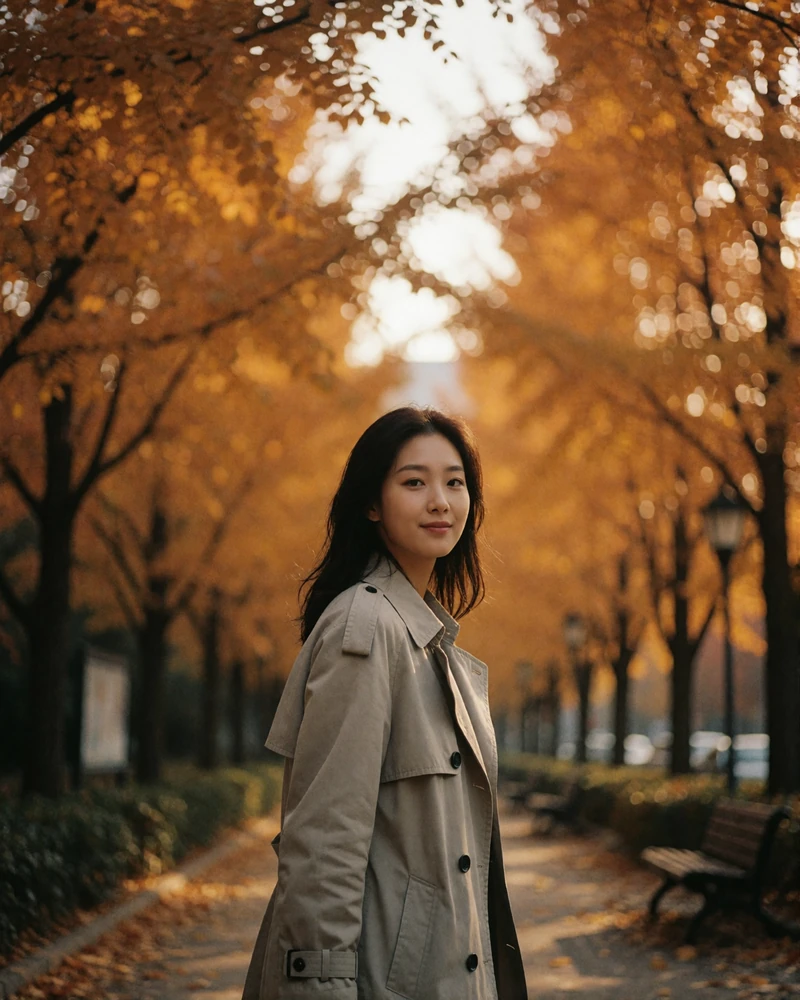 Korean woman in a light grey trench coat walking along a tree-lined city park path in autumn, candid Korean dating profile photography