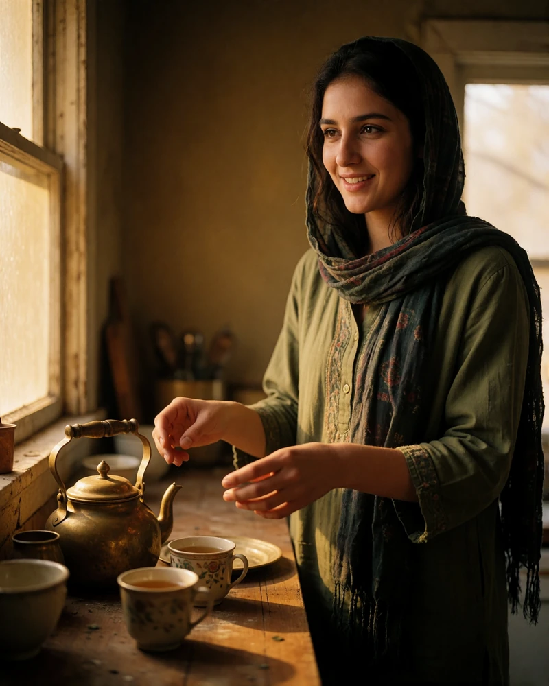Afghan woman in an olive tunic preparing tea in a warm home kitchen, illustrating a verified dating profile