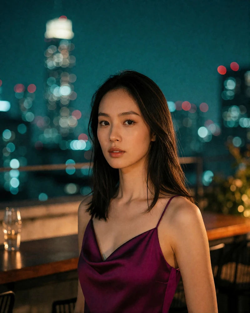 Taiwanese woman in a plum satin top on a rooftop bar terrace at night with a teal city skyline behind her