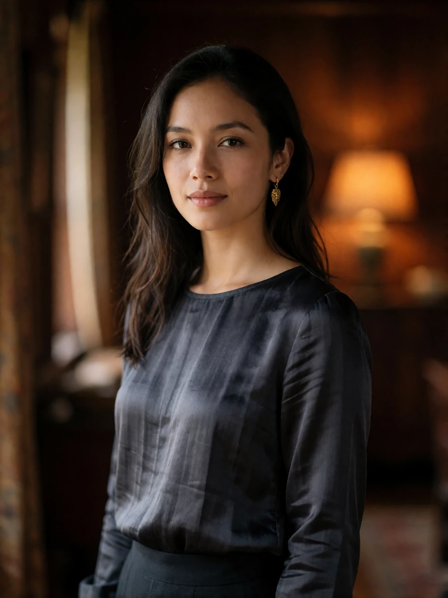 Poised Cambodian woman in a charcoal silk blouse with a calm confident expression, an example of a verified Khmer dating profile portrait